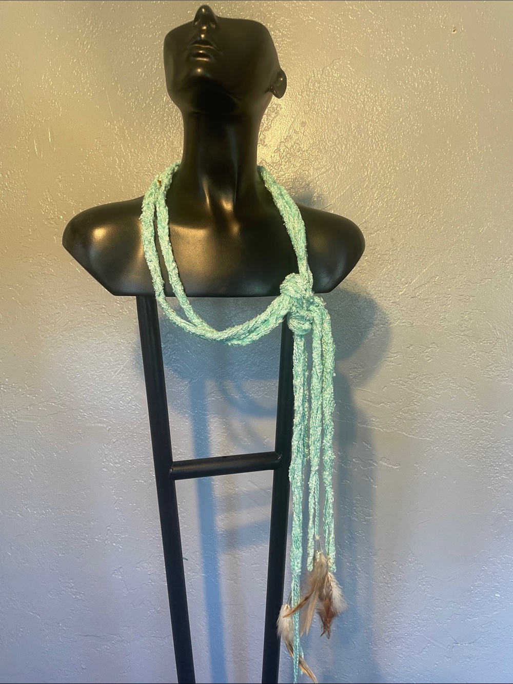 Braided Mint Green Lariat Necklace scarf with Feather Tassels